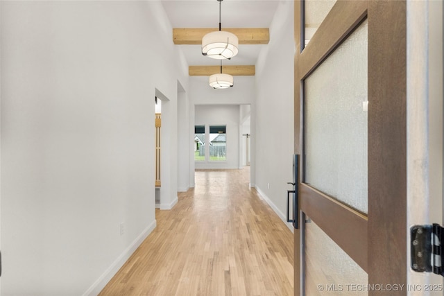 2985 E 146th St S, Bixby, OK 74008 - hall featuring beam ceiling and light wood finished floors