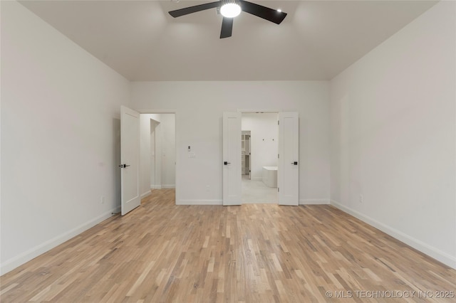 2985 E 146th St S, Bixby, OK 74008 - unfurnished bedroom featuring light wood-style flooring, connected bathroom, and a ceiling fan