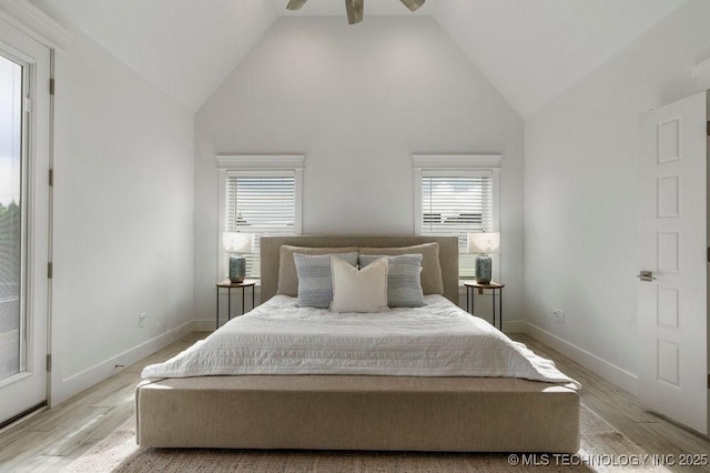 19021 E Chokeberry St, Owasso, OK 74055 - bedroom with light wood-type flooring, multiple windows, and high vaulted ceiling