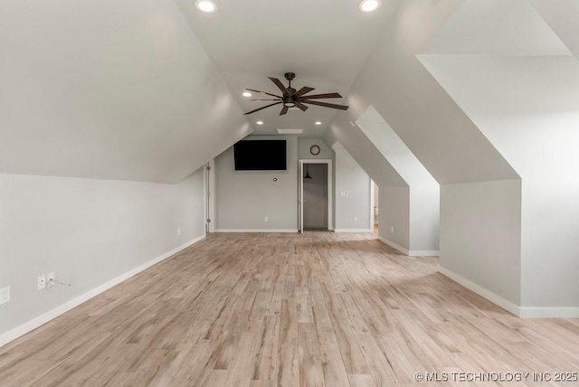 19021 E Chokeberry St, Owasso, OK 74055 - additional living space with recessed lighting, ceiling fan, light wood-style floors, and lofted ceiling