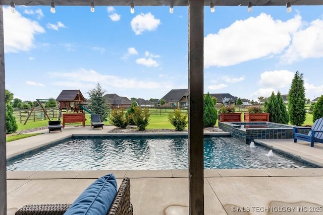 19021 E Chokeberry St, Owasso, OK 74055 - view of pool with a playground, a patio area, and a pool with connected hot tub