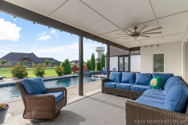 19021 E Chokeberry St, Owasso, OK 74055 - view of patio featuring french doors, a ceiling fan, outdoor lounge area, an in-ground hot tub, and an outdoor pool