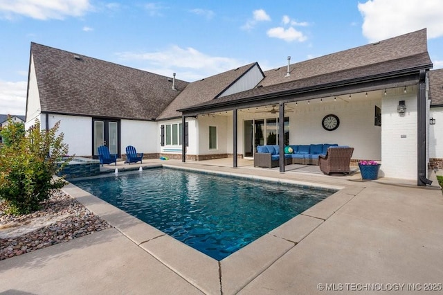 19021 E Chokeberry St, Owasso, OK 74055 - view of swimming pool featuring an outdoor living space, a patio, a pool with connected hot tub, french doors, and ceiling fan