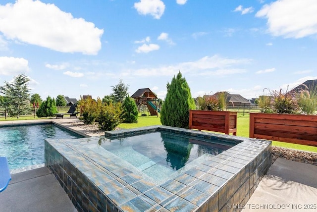 19021 E Chokeberry St, Owasso, OK 74055 - view of swimming pool with a playground and a pool with connected hot tub