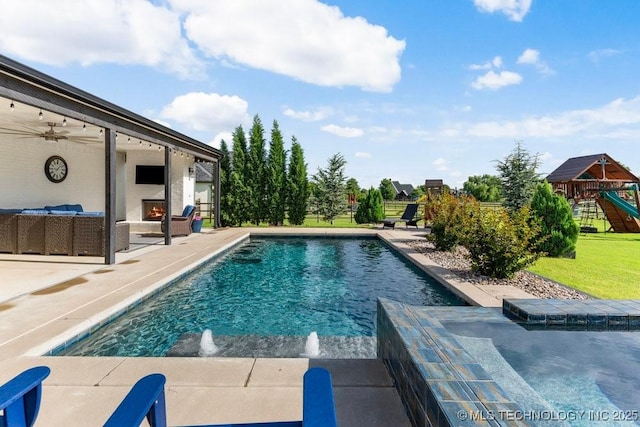 19021 E Chokeberry St, Owasso, OK 74055 - swimming pool with a playground, a patio, an outdoor hangout area, and a yard