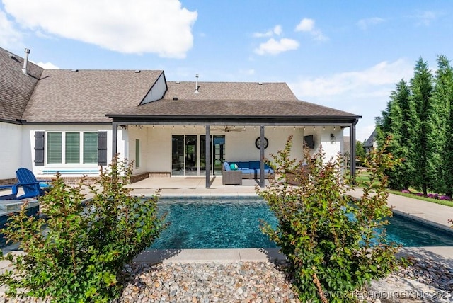 19021 E Chokeberry St, Owasso, OK 74055 - rear view of property with a patio area, a shingled roof, an outdoor hangout area, an outdoor pool, and ceiling fan
