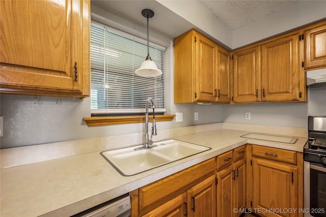 612 S 5th St, Eufaula, OK 74432 - kitchen featuring stainless steel range, light countertops, hanging light fixtures, brown cabinets, and dishwashing machine