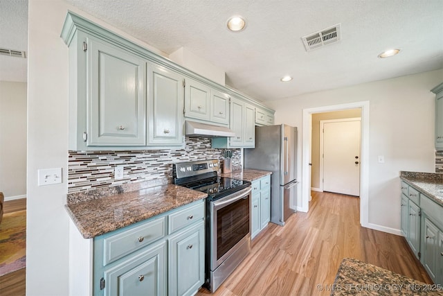 11017 E 98th St N, Owasso, OK 74055 - kitchen with appliances with stainless steel finishes, under cabinet range hood, light wood-style flooring, tasteful backsplash, and recessed lighting