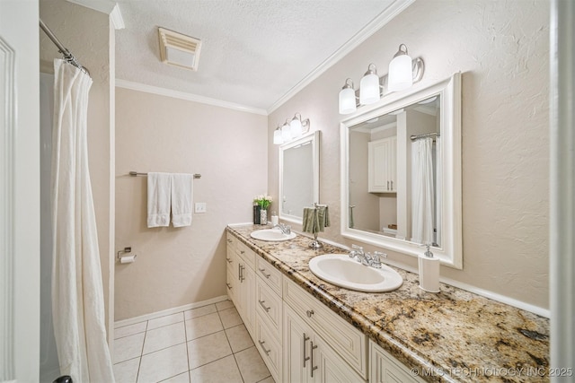 11017 E 98th St N, Owasso, OK 74055 - full bath featuring double vanity, tile patterned floors, a textured ceiling, and ornamental molding