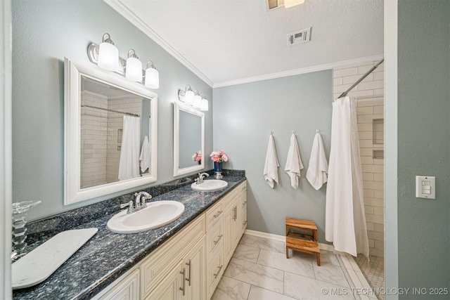 11017 E 98th St N, Owasso, OK 74055 - full bath with marble look tile flooring, ornamental molding, double vanity, and a tile shower