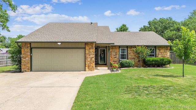 11017 E 98th St N, Owasso, OK 74055 - view of front facade featuring stone siding, driveway, an attached garage, and roof with shingles