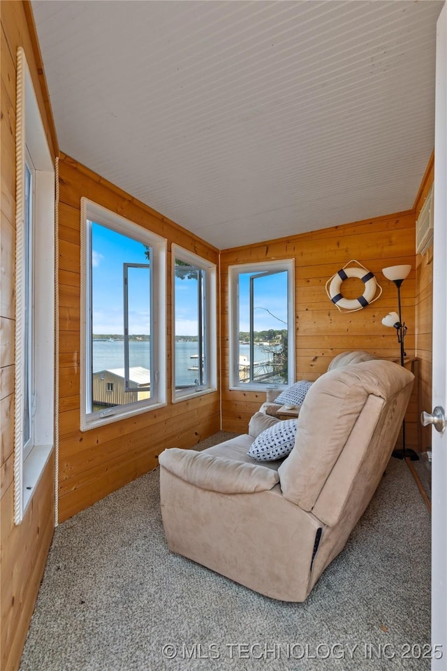 61112 E 310, Grove, OK 74344 - carpeted living room with wood walls and a water view