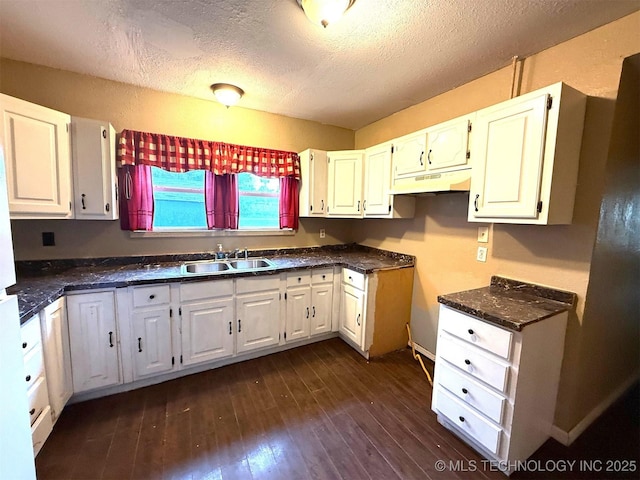 904 W Corporation St, Henryetta, OK 74437 - kitchen featuring under cabinet range hood, a textured ceiling, dark wood-style floors, and white cabinetry