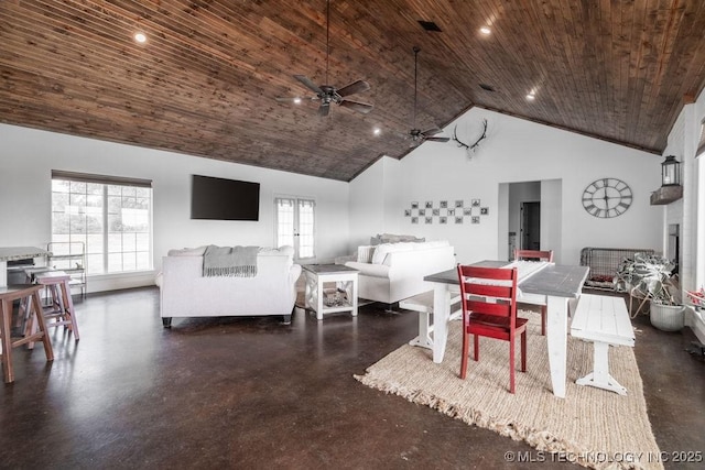 8486 Mcduffee Rd, Kingston, OK 73439 - dining space with wooden ceiling, a ceiling fan, healthy amount of natural light, finished concrete flooring, and high vaulted ceiling