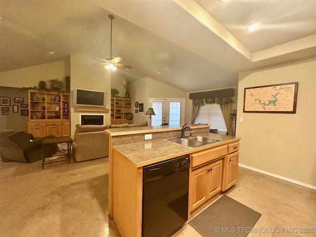 1908 Rhynes-Childress Loop, Kingston, OK 73439 - kitchen featuring black dishwasher, a ceiling fan, lofted ceiling, a fireplace, and a center island with sink