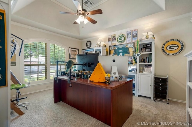 14404 S Florence Ave, Bixby, OK 74008 - office space featuring light colored carpet, ceiling fan, ornamental molding, and a tray ceiling