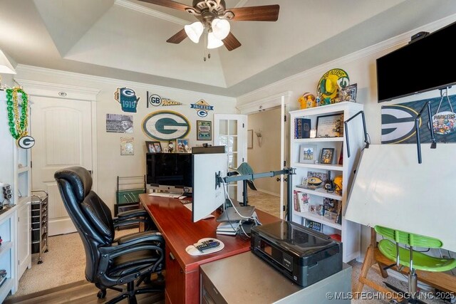 14404 S Florence Ave, Bixby, OK 74008 - office featuring a raised ceiling, a ceiling fan, and ornamental molding