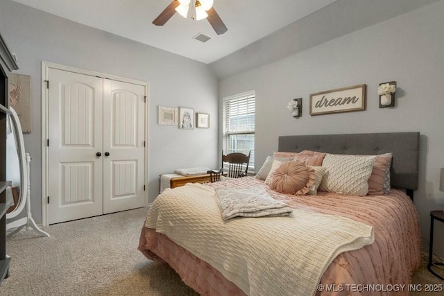 14404 S Florence Ave, Bixby, OK 74008 - bedroom with a closet, lofted ceiling, carpet floors, and a ceiling fan