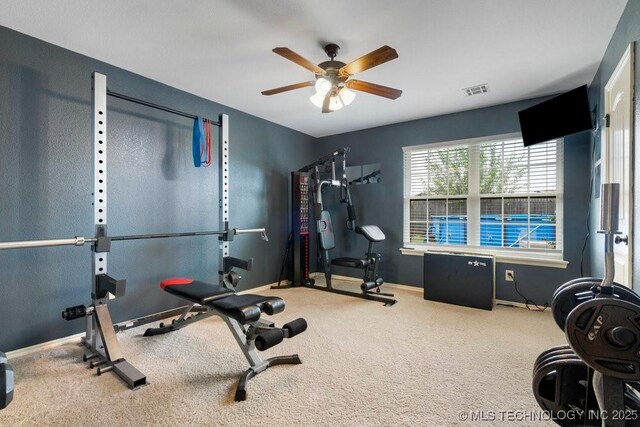 14404 S Florence Ave, Bixby, OK 74008 - workout room featuring ceiling fan and carpet floors