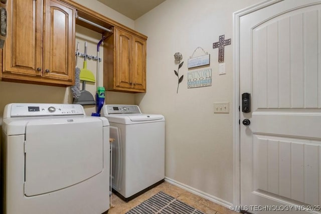14404 S Florence Ave, Bixby, OK 74008 - laundry room featuring washing machine and clothes dryer, cabinet space, and light tile patterned floors