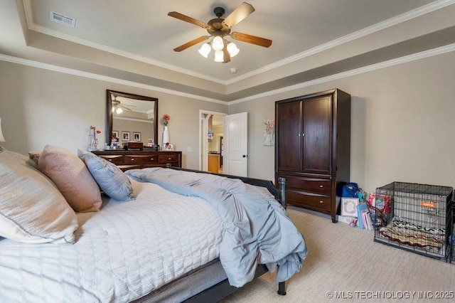 14404 S Florence Ave, Bixby, OK 74008 - bedroom featuring light carpet, a tray ceiling, ornamental molding, and a ceiling fan