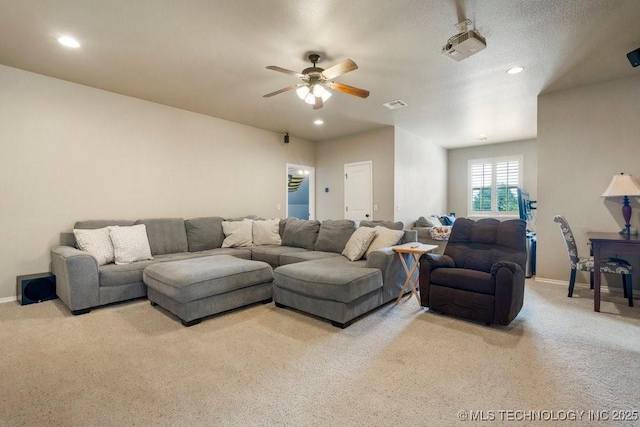 14404 S Florence Ave, Bixby, OK 74008 - living area featuring carpet flooring, a ceiling fan, and recessed lighting