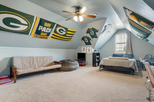 14404 S Florence Ave, Bixby, OK 74008 - carpeted bedroom with lofted ceiling and a ceiling fan
