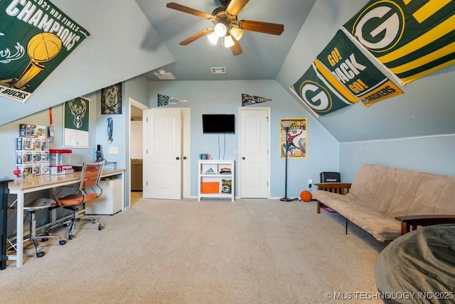 14404 S Florence Ave, Bixby, OK 74008 - carpeted home office featuring vaulted ceiling and a ceiling fan