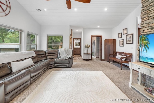 9094 Waters Edge, Kingston, OK 73439 - living area with light colored carpet, ceiling fan, recessed lighting, and wooden ceiling