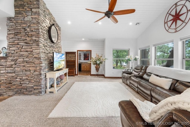 9094 Waters Edge, Kingston, OK 73439 - living room featuring carpet, a ceiling fan, recessed lighting, and wood ceiling