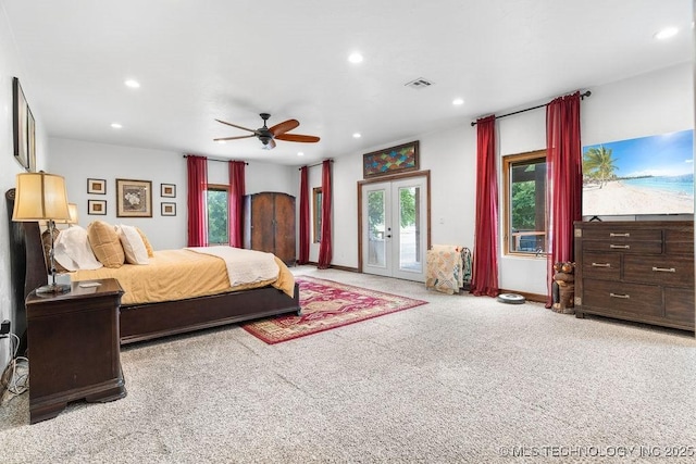 9094 Waters Edge, Kingston, OK 73439 - carpeted bedroom featuring access to exterior, french doors, recessed lighting, and ceiling fan