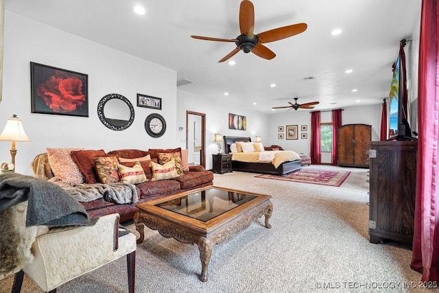 9094 Waters Edge, Kingston, OK 73439 - living area with a ceiling fan, carpet flooring, and recessed lighting