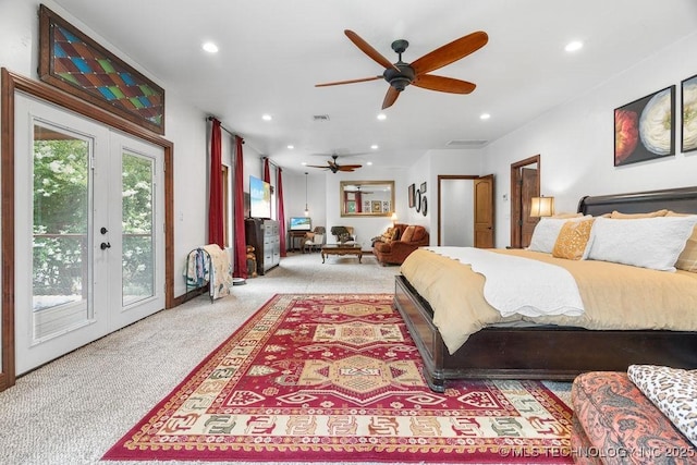 9094 Waters Edge, Kingston, OK 73439 - bedroom with light colored carpet, access to outside, french doors, and recessed lighting