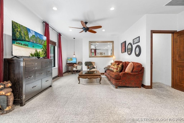 9094 Waters Edge, Kingston, OK 73439 - living area featuring a ceiling fan, carpet, and recessed lighting