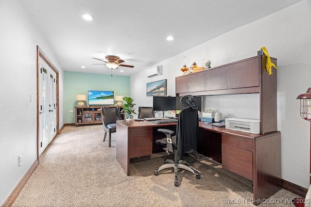 9094 Waters Edge, Kingston, OK 73439 - office space with light carpet, ceiling fan, recessed lighting, french doors, and an AC wall unit