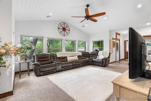 9094 Waters Edge, Kingston, OK 73439 - carpeted living area with a ceiling fan, recessed lighting, wood ceiling, and high vaulted ceiling