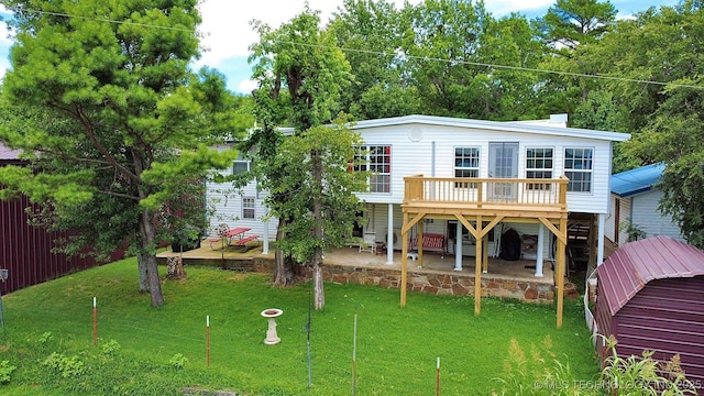98224 S 4489th Rd, Vian, OK 74962 - rear view of property with a yard, a wooden deck, a patio, and stairs