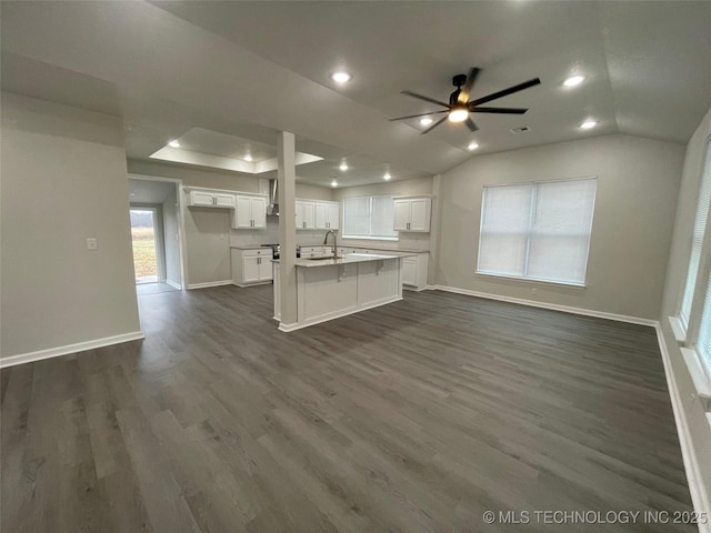 23308 W 171st St, Kellyville, OK 74039 - unfurnished living room featuring a ceiling fan, dark wood-style flooring, recessed lighting, lofted ceiling, and a tray ceiling