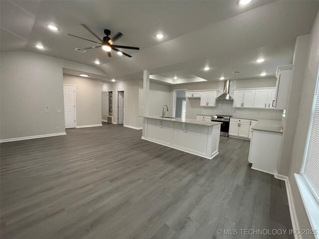 23308 W 171st St, Kellyville, OK 74039 - kitchen featuring wall chimney exhaust hood, electric range, recessed lighting, open floor plan, and a ceiling fan
