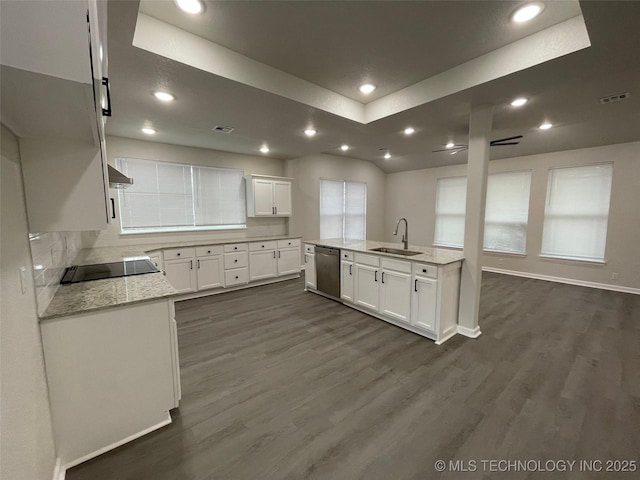 23308 W 171st St, Kellyville, OK 74039 - kitchen with dishwasher, black electric stovetop, recessed lighting, dark wood-style floors, and white cabinets