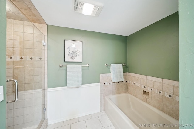10958 S Richmond Ave, Tulsa, OK 74137 - full bath with a bath, a wainscoted wall, tile patterned floors, and a shower stall