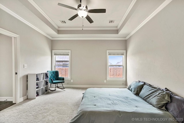 14505 E 79th St, Owasso, OK 74055 - bedroom with a raised ceiling, carpet floors, crown molding, and a ceiling fan