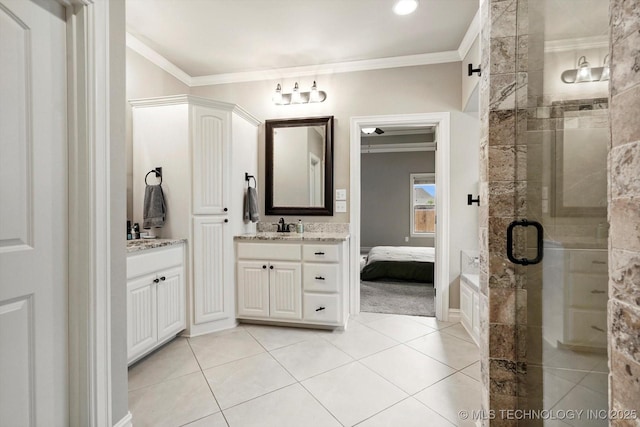 14505 E 79th St, Owasso, OK 74055 - ensuite bathroom featuring ornamental molding, vanity, a shower stall, and tile patterned flooring