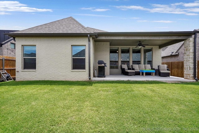 14505 E 79th St, Owasso, OK 74055 - rear view of property featuring ceiling fan, outdoor lounge area, a patio area, a shingled roof, and brick siding