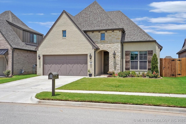 14505 E 79th St, Owasso, OK 74055 - view of front of home featuring driveway, a garage, stone siding, a gate, and brick siding