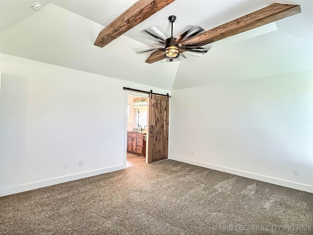 5657 E 141st Pl N, Collinsville, OK 74021 - unfurnished room featuring ceiling fan, a barn door, a smoke detector, and dark colored carpet