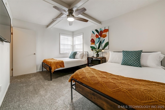 3527 E 4th Pl, Tulsa, OK 74112 - bedroom featuring carpet floors, beam ceiling, and a ceiling fan