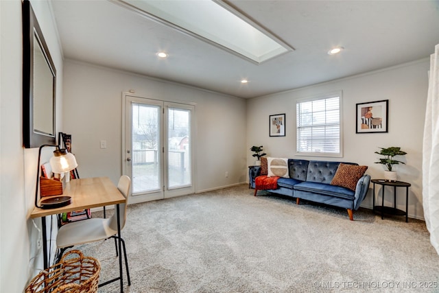 3527 E 4th Pl, Tulsa, OK 74112 - living area featuring carpet, crown molding, and recessed lighting