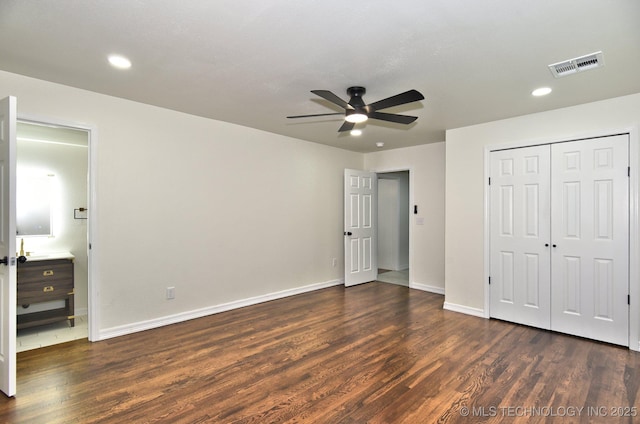 4636 E Independence St, Tulsa, OK 74115 - unfurnished bedroom with dark wood-style flooring, recessed lighting, a closet, and a ceiling fan