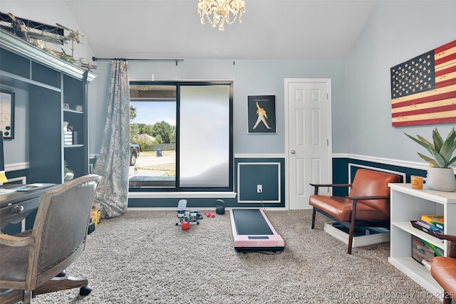 8813 E 104th Pl N, Owasso, OK 74055 - carpeted home office featuring vaulted ceiling, a wainscoted wall, and a chandelier